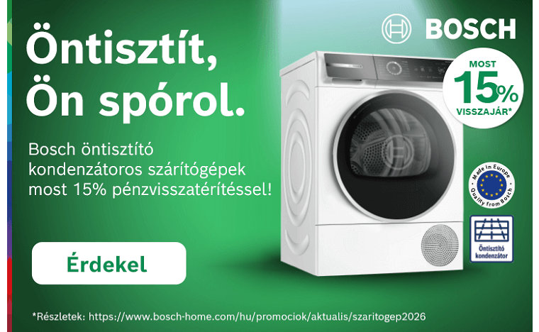Promócióban résztvevő Bosch öntisztító kondenzátoros szárítógépek vásárlása esetén 15% pénzvisszatérítés! /regisztrációhoz kötött/ Promócióban résztvevő Bosch öntisztító kondenzátoros szárítógépek vásárlása esetén 15% pénzvisszatérítés! /regisztrációhoz kötött/