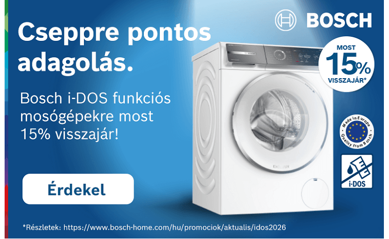 Prómócióban résztvevő Bosch i-DOS funkciós mosógépek vásárlása esetén 15% pénzvisszatérítés! /regisztrációhoz kötött/ Prómócióban résztvevő Bosch i-DOS funkciós mosógépek vásárlása esetén 15% pénzvisszatérítés! /regisztrációhoz kötött/