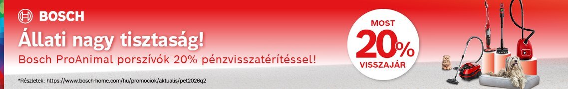 Promócióban részt vevő Bosch ProAnimal porszívó vásárlása esetén a gyártó visszatérít Önnek 20%-ot a bruttó vételárból /regisztrációhoz kötött/ Promócióban részt vevő Bosch ProAnimal porszívó vásárlása esetén a gyártó visszatérít Önnek 20%-ot a bruttó vételárból /regisztrációhoz kötött/