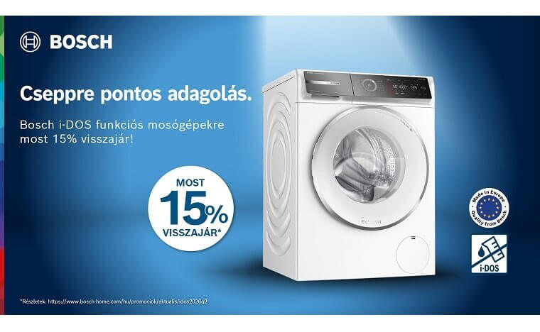 15% pénzvisszatérítés a prómócióban résztvevő Bosch i-DOS funkciós mosógépek vásárlása esetén! /regisztrációhoz kötött/ 15% pénzvisszatérítés a prómócióban résztvevő Bosch i-DOS funkciós mosógépek vásárlása esetén! /regisztrációhoz kötött/
