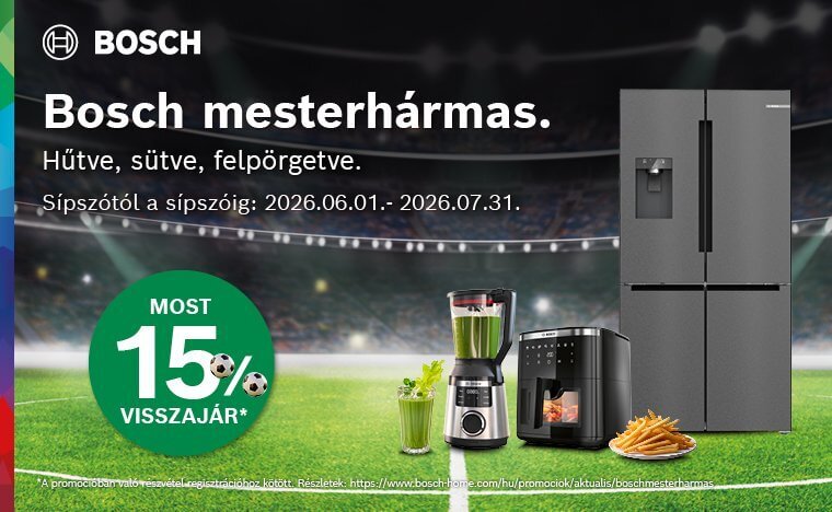 Vásároljon a promócióban részt vevő Bosch XL és XXL hűtőkészüléket, Air Fryert vagy turmixot és a gyártó visszatérít Önnek 15%-ot a bruttó vételárból! /regisztrációhoz kötött/ Vásároljon a promócióban részt vevő Bosch XL és XXL hűtőkészüléket, Air Fryert vagy turmixot és a gyártó visszatérít Önnek 15%-ot a bruttó vételárból! /regisztrációhoz kötött/