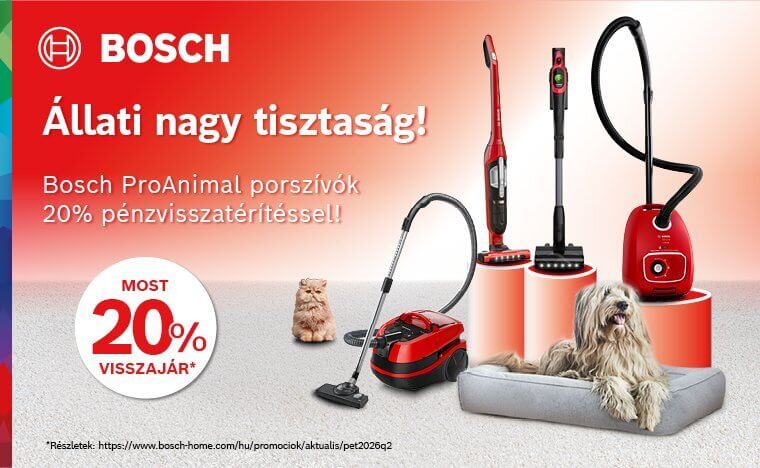 Promócióban részt vevő Bosch ProAnimal porszívó vásárlása esetén a gyártó visszatérít Önnek 20%-ot a bruttó vételárból /regisztrációhoz kötött/ Promócióban részt vevő Bosch ProAnimal porszívó vásárlása esetén a gyártó visszatérít Önnek 20%-ot a bruttó vételárból /regisztrációhoz kötött/
