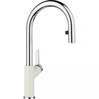 Blanco CARENA-S Vario Silgranit mosogató csaptelep, rejtett, kihúzható, kétféle sugaras zuhanyfej, ívelt, magas kifolyó, magasan elhelyezett kezelőkar /törtfehér/