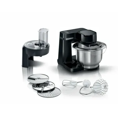 Bosch MUMS2EB01 konyhai robotgép, fekete, 3d-s keverés, dagasztókar, keverőszár, habverő, 3 féle szeletelő és reszelőkorong, 700 w