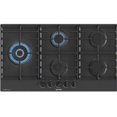 Gorenje GW951MB beépíthető gázfőzőlap, 90cm, 5 gázégő, wok, egykezes szikragyújtás, öntöttvas edénytartó rács + égőfej, fekete acéllap